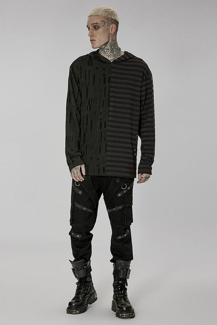 Black Punk Personality Left-Right Asymmetrical Knitted Stitching Casual Hooded Men's T-Shirt - Product - 4