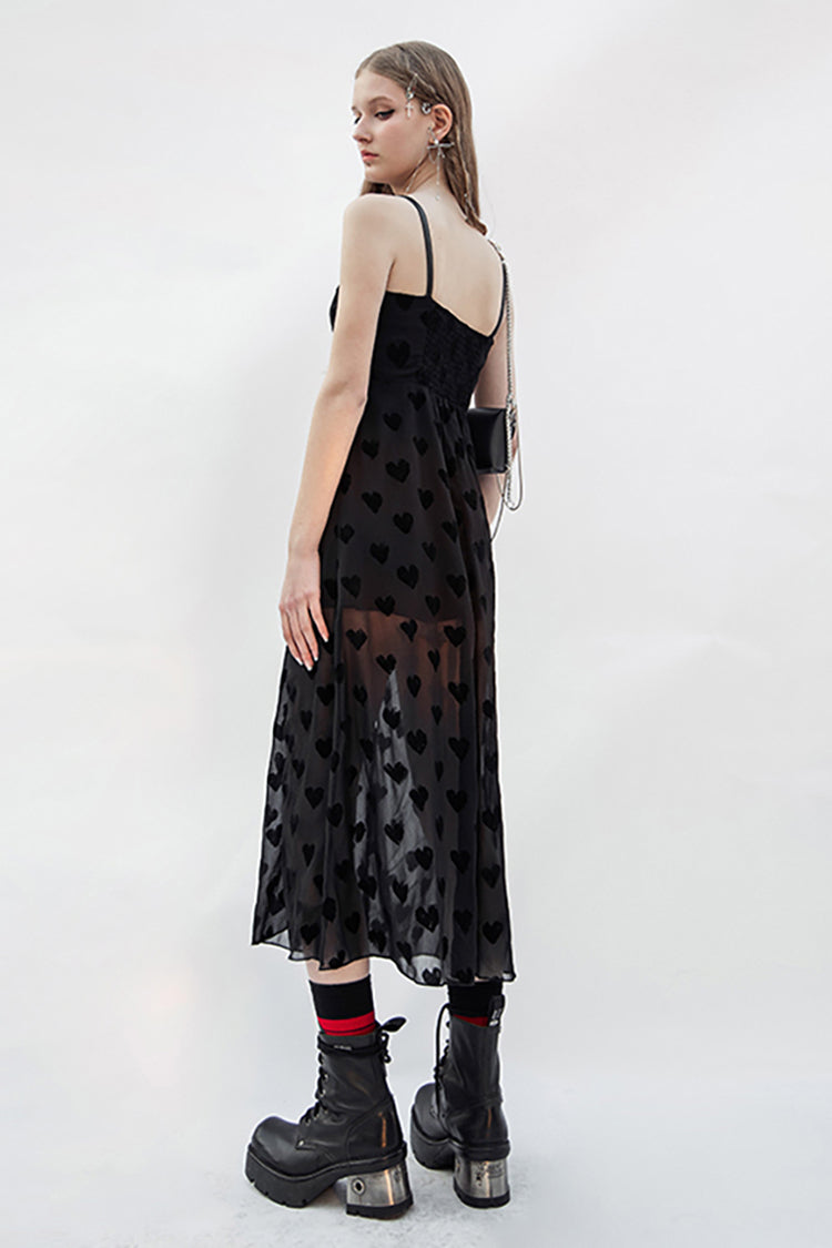 Black Heart Chiffon Waist Leather Sling Long Women's Gothic Dress - Product - 4