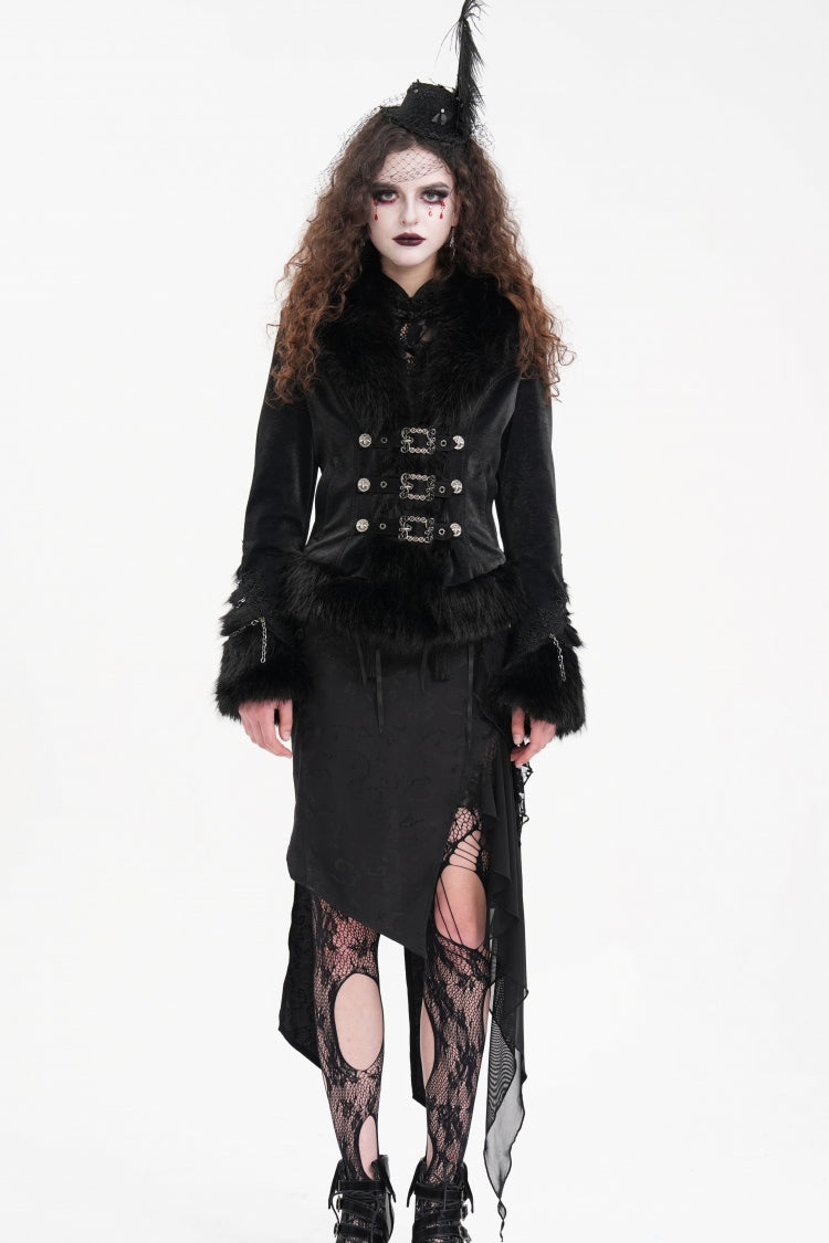 Black Faux Fur Bucket-up Chain Women's Gothic Jacket - Product - 2