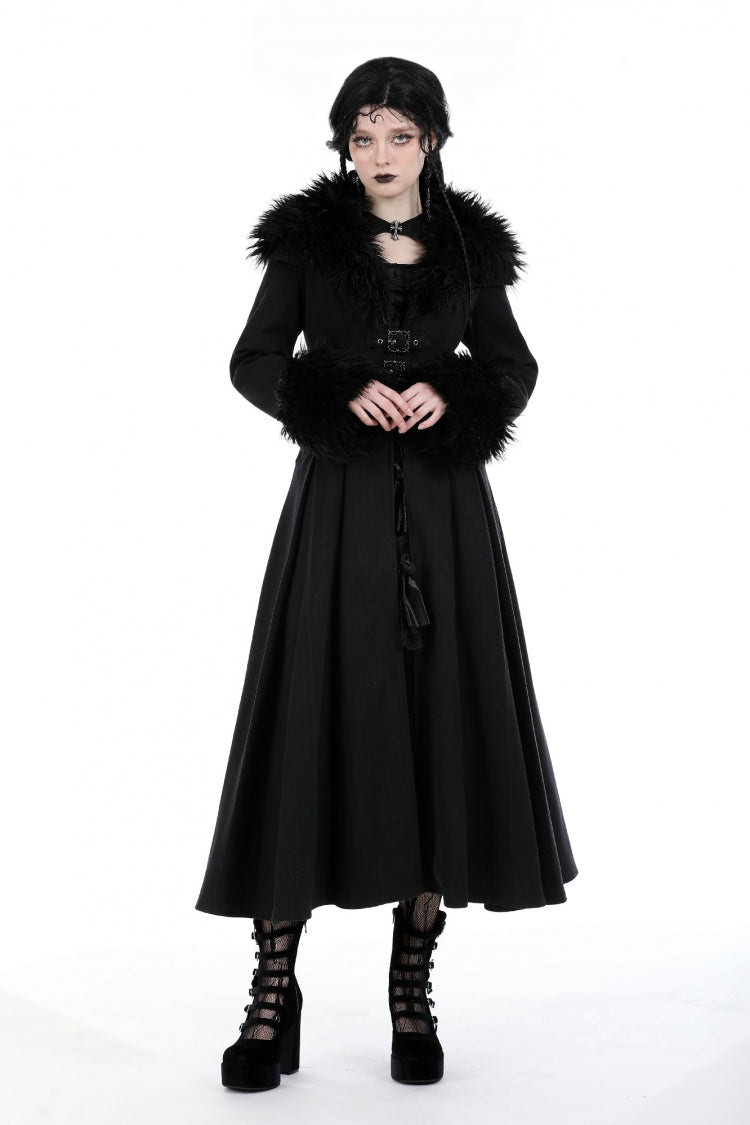 Black Long Sleeves Lace-Up Buckled Women's Gothic Draped Coat with Faux Fur Collar - Product - 9