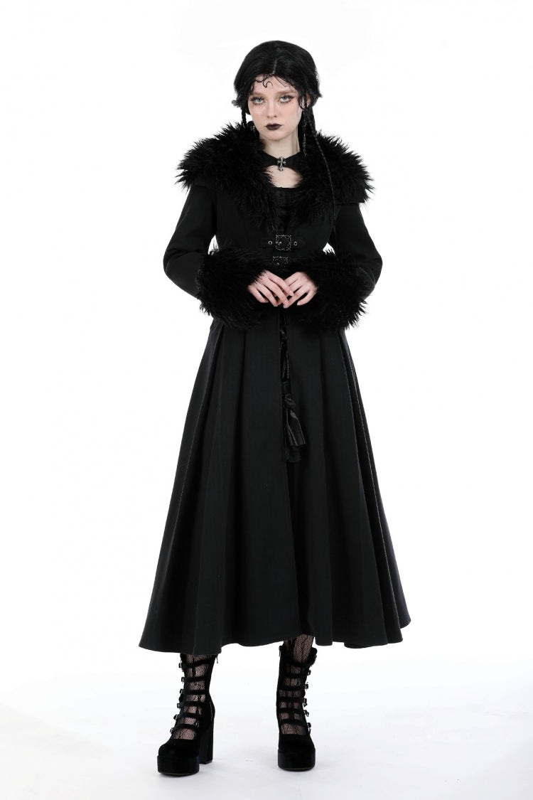 Black Long Sleeves Lace-Up Buckled Women's Gothic Draped Coat with Faux Fur Collar - Product - 9