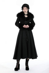 Black Long Sleeves Lace-Up Buckled Women's Gothic Draped Coat with Faux Fur Collar - Product - 9