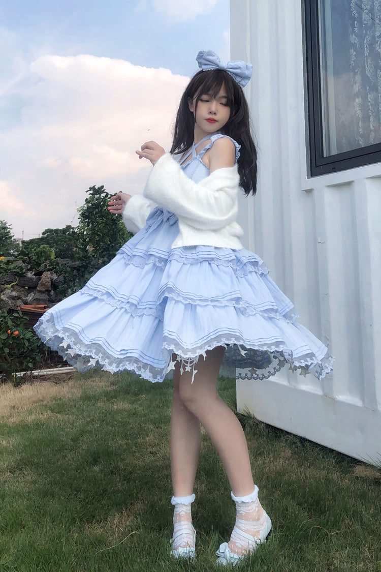 Blue First Love Triple-Layered Ruffle Bowknot Lace Sweet Lolita Jsk Dress - Product - 3
