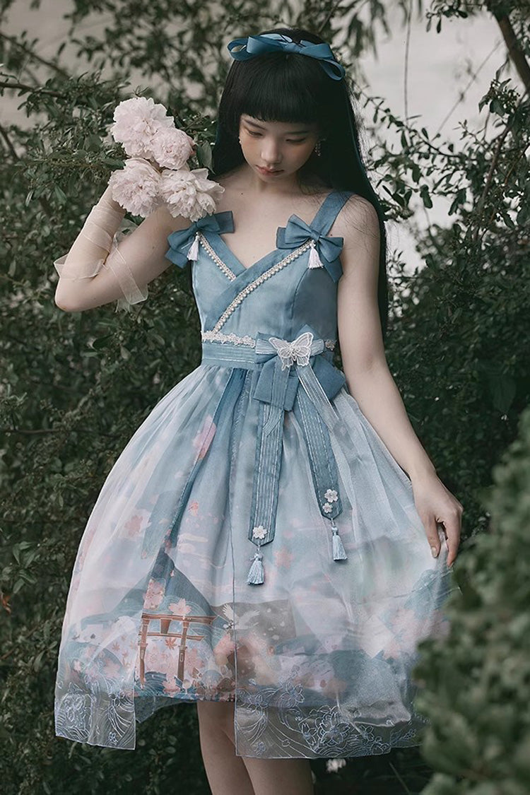 Multi-Color Mount Fuji Cherry Blossom Season Print Bowknot Alice Sweet Lolita JSK Dress - Product - 2