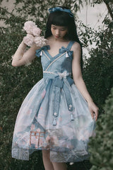Multi-Color Mount Fuji Cherry Blossom Season Print Bowknot Alice Sweet Lolita JSK Dress - Product - 2