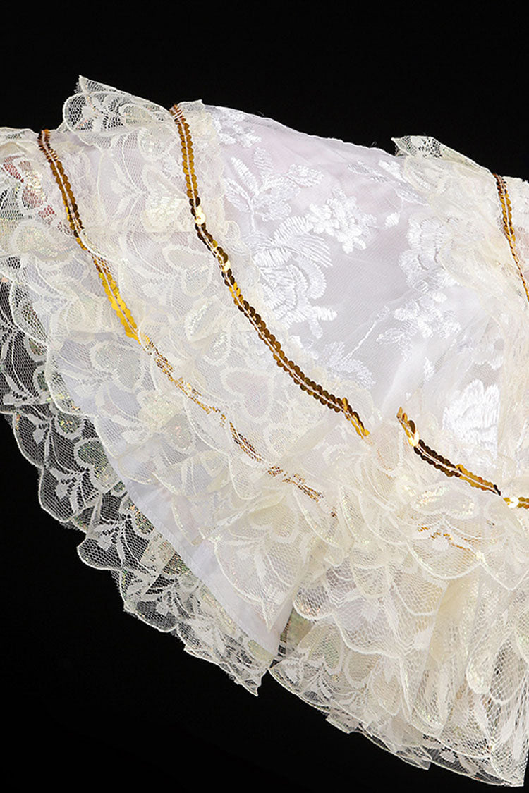 White Hime Sleeves High Waisted Lace Stitching Flower Print Victorian Lolita Prom Tiered Dress - Product - 5