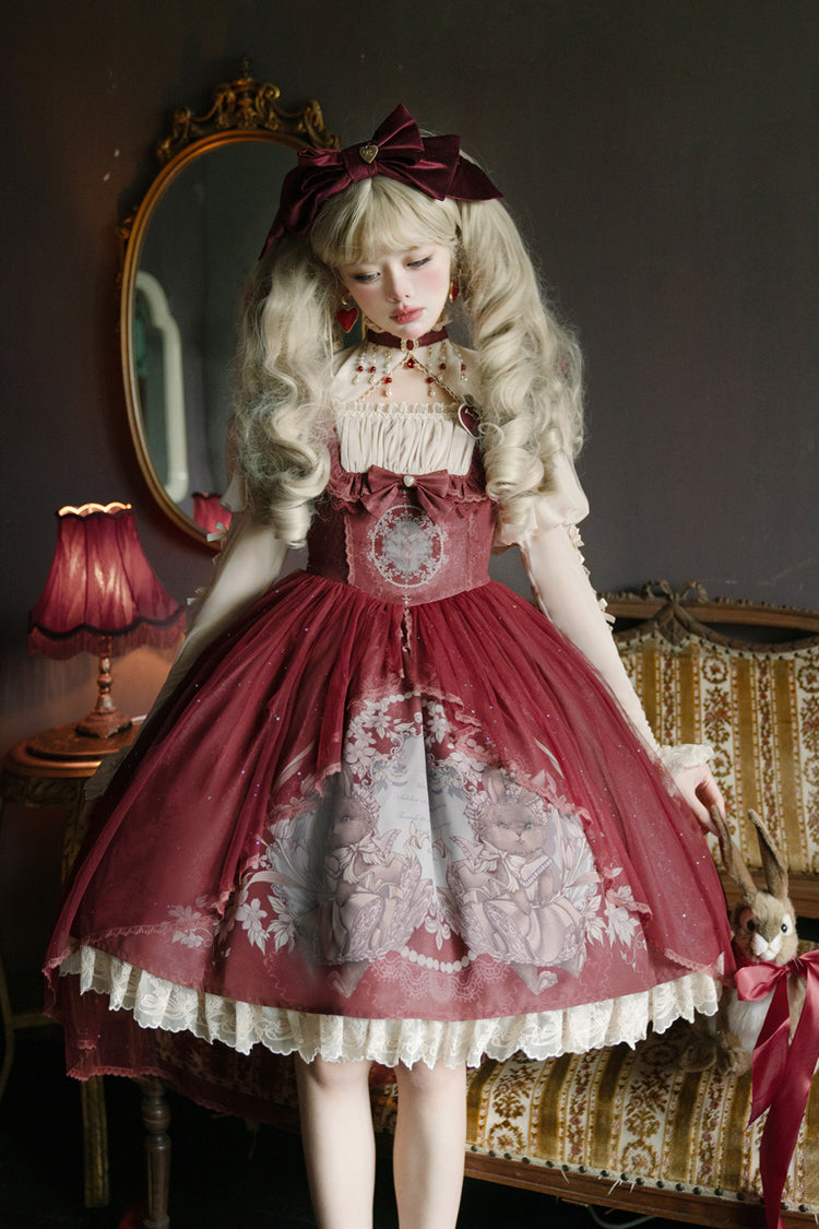 Red Bunny Tea Party Print Ruffle Bowknot Sweet Lolita Jsk Dress - Product - 2