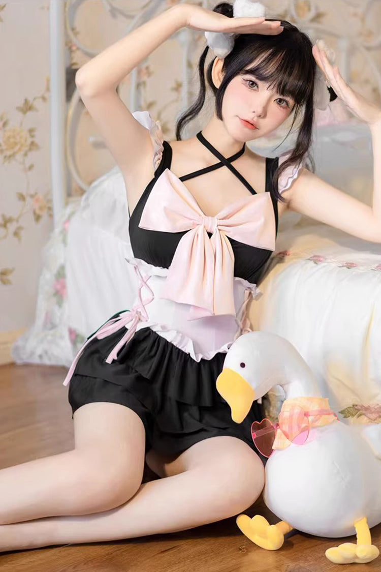 Black/Pink Summer Sweetheart Triple-Layered Ruffled Bow Sweet Lolita Bubble Swimsuit - Product - 8