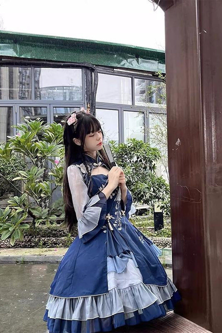 Blue Multi-layer Print Ruffle Classic Plus Size Chinese Style Princess Lolita Jsk Dress - Product - 3