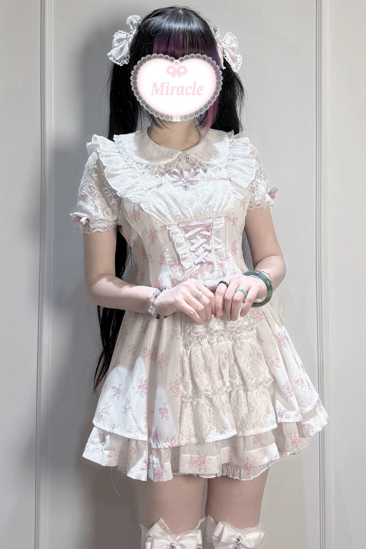 [Rose Letter] Peter Pan Collar Short Sleeves Double-Layered Printed Ruffled Open-Front Lace-Up Sweet Jirai Kei Dress Set 2 Colors - Product - 6