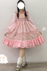 [Angel's Redemption] Long Sleeves Angel Print Ruffle Bowknot Sweet Lolita Dress 3 Colors - Pink - 10