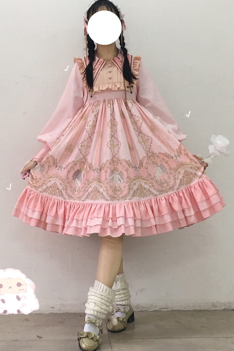 [Angel's Redemption] Long Sleeves Angel Print Ruffle Bowknot Sweet Lolita Dress 3 Colors - Pink - 10