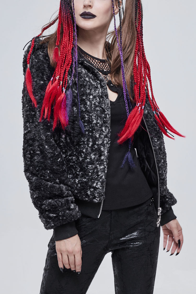 Black/White Two Tone Woolen Grain Fleece Metal Five Pointed Star Zipper Women's Punk Coat - Black/White - 1