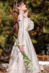 Apricot French Retro Long Lantern Sleeves Embroidery Sweet Lolita OP Dress - Product - 4