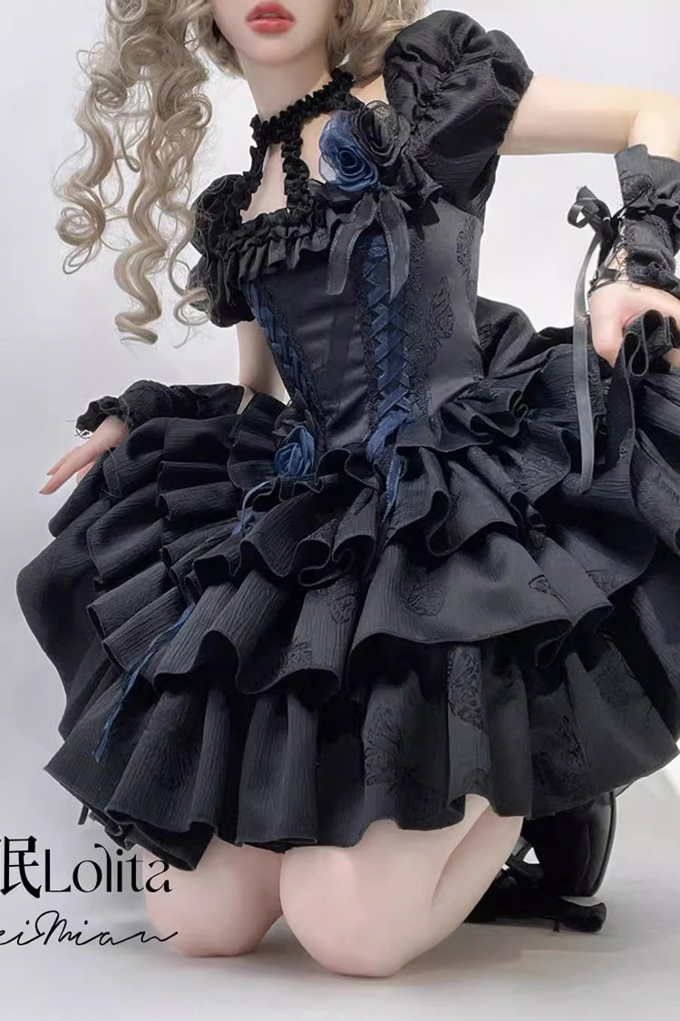Black Halterneck Short Sleeves Multi-Layered Ruffle Bowknot Lace-Up Fishbone Gothic Lolita Dress - Product - 3