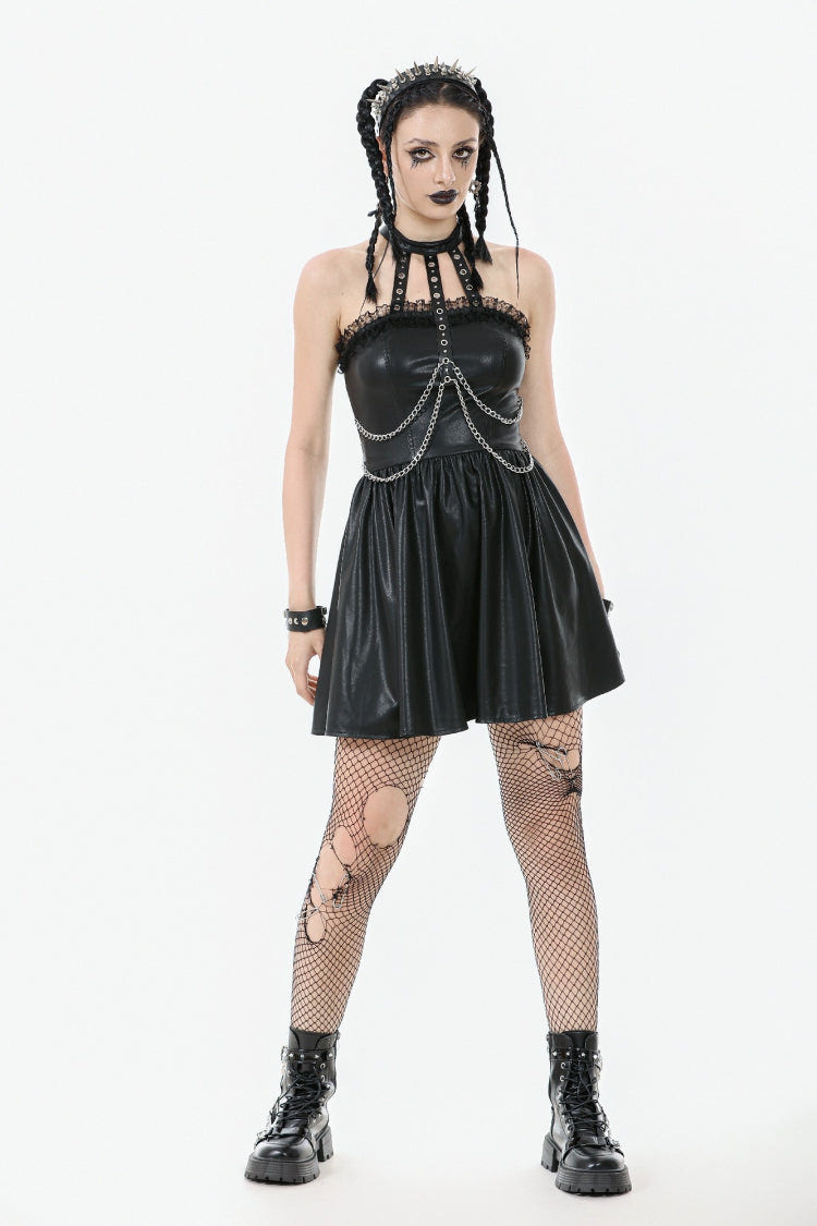 Black Halterneck Zippered Chain-Decorated Eyelet Women's Punk Faux Leather Dress - Product - 10