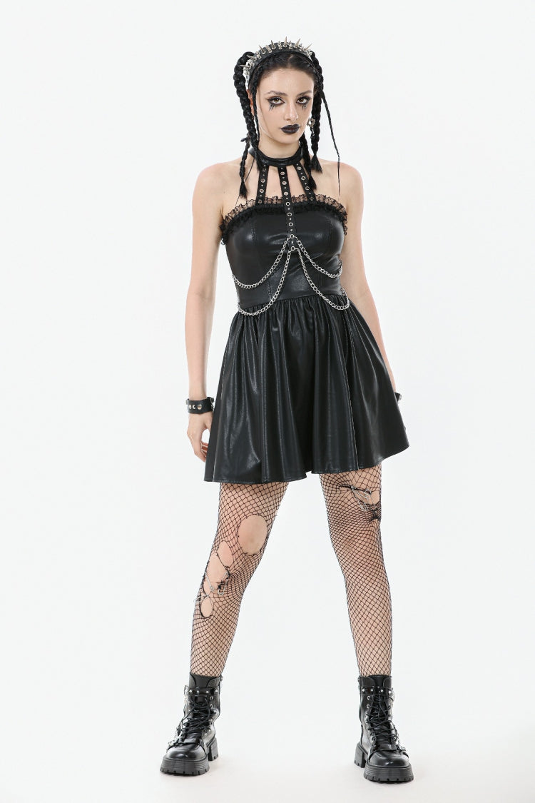 Black Halterneck Zippered Chain-Decorated Eyelet Women's Punk Faux Leather Dress - Product - 10