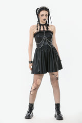 Black Halterneck Zippered Chain-Decorated Eyelet Women's Punk Faux Leather Dress - Product - 10