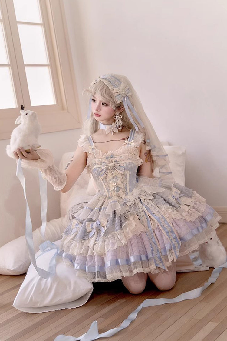 Blue [Moonstone] Sleeveless Ruffle Embroidery Bowknot Lace Fishbone Sweet Princess Lolita Dress - Product - 12