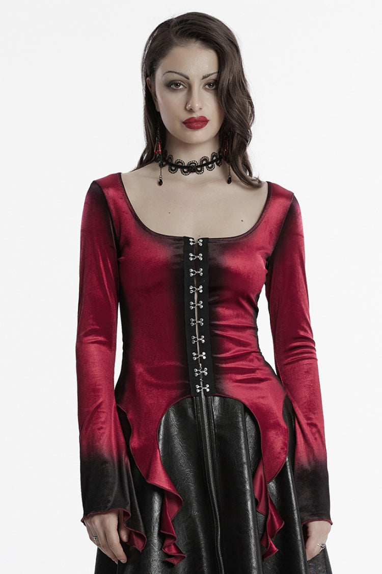 Red Long Sleeves Gradient Irregular Women's Gothic Blouse - Red - 1