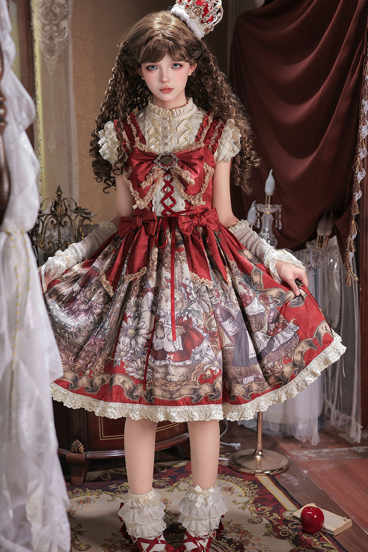 Red [Mystery Bunny] Sleeveless Jacquard Printed Ruffled Bow Lace Classic Lolita Jsk Dress Set - Product - 3