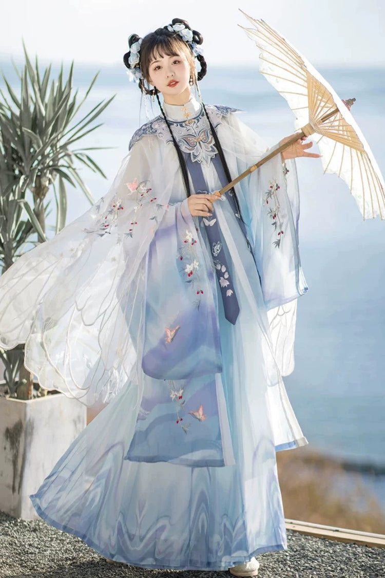 Blue Long Sleeves High Waisted Embroidery Women's Classic Chinese Style Hanfu Dress Full Set - Blue - 1