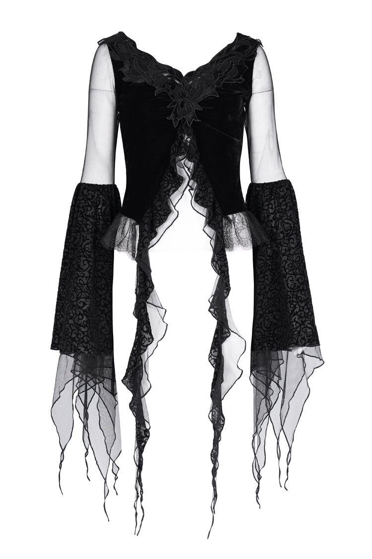 Black Long Sleeves Embroidery Mesh Ripped Women's Gothic Crop Top - Product - 3