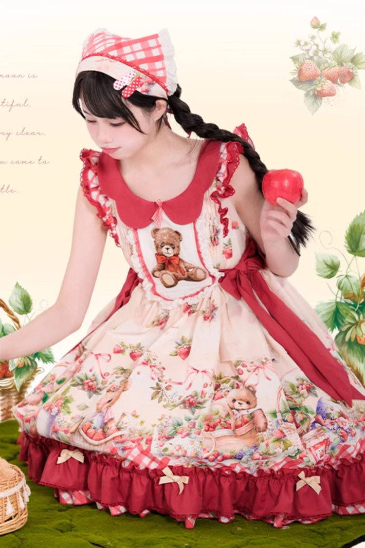 Red [December Strawberry Bear] Print Ruffle Bowknot Sweet Lolita Dress - Product - 5