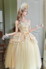 Yellow [Sissi's Pilgrimage] Off Shoulder Ruffle Bowknot Lace Sweet Lolita Skirt (Long Version) - Product - 3