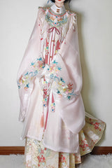 Pink [Fragrant Flower Rain] Round Collar Long Sleeves High Waisted Printed Embroidered Women's Classic Hanfu Dress Set - Product - 3