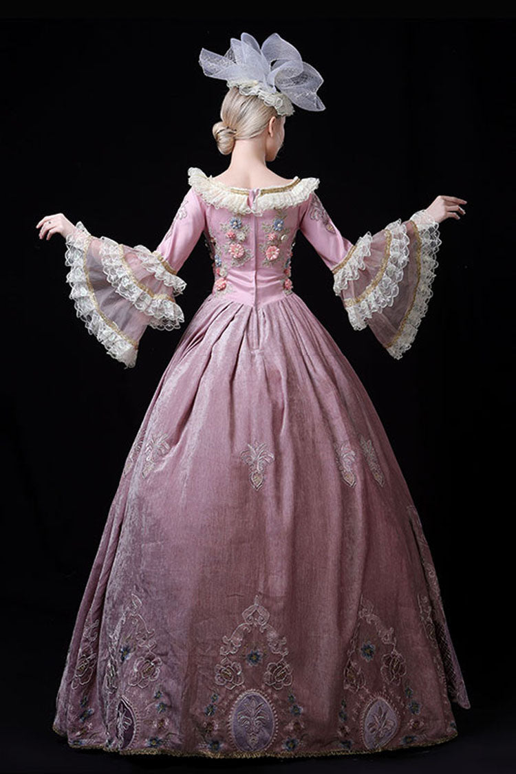 Pink Multi-Layer Trumpet Sleeves High Waisted Three Dimensional Flower Hollow Embroidery Print Victorian Lolita Prom Dress - Product - 5