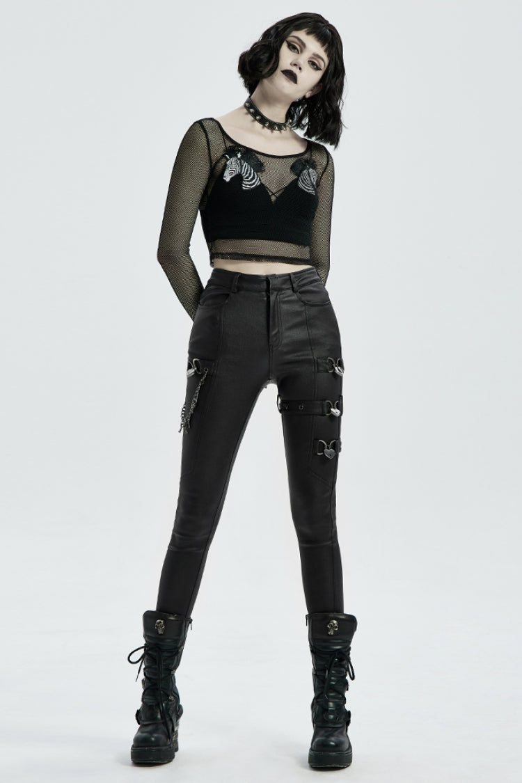 Black Faux Leather Metal Love Lock Buckles Women's Steampunk Pants - Product - 4
