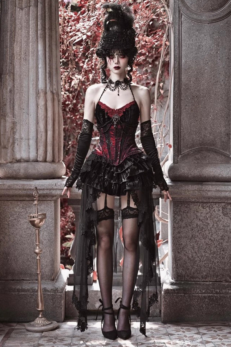 Black/Red Duchess Rococo Fishbone Girdle Multi-layer Ruffle Gothic Lolita Skirt - Product - 2