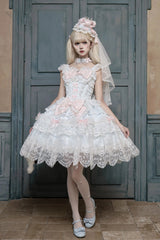 Blue [Bunny Dream Letter] Square Collar Flutter Sleeves Jacquard Ruffled Bow Lace Sweet Princess Balletcore Lolita Jsk Dress - Product - 2