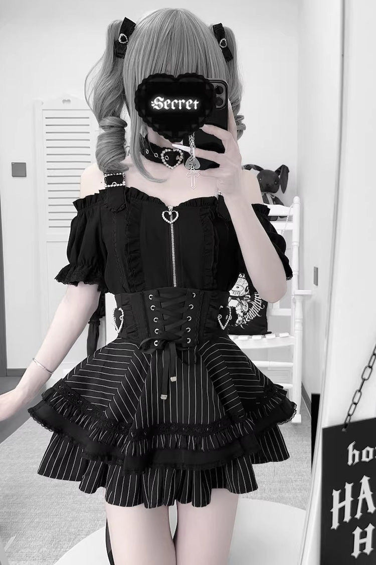 Jirai Kei [Heartbeat Buffy] Stand Collar Sleeveless Triple-Layered Ruffled Lace-Up Zippered Sweet Japanese Skirt and Blouse - Product - 10