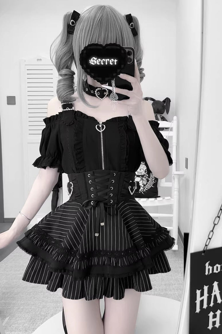 Jirai Kei [Heartbeat Buffy] Stand Collar Sleeveless Triple-Layered Ruffled Lace-Up Zippered Sweet Japanese Skirt and Blouse - Product - 10