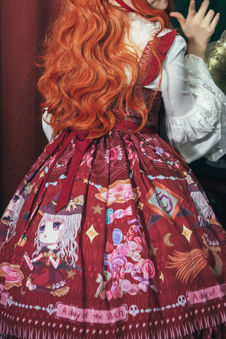 Red [Little Witch] Sleeveless Print Ruffle Bowknot Sweet Elegant Lolita Jsk Dress - Product - 7