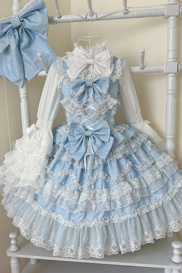 Blue [Love and Heart Flutter] Sleeveless Multi-Layered Ruffle Bowknot Lace Pearl Sweet Lolita Jsk Dress - Product - 4