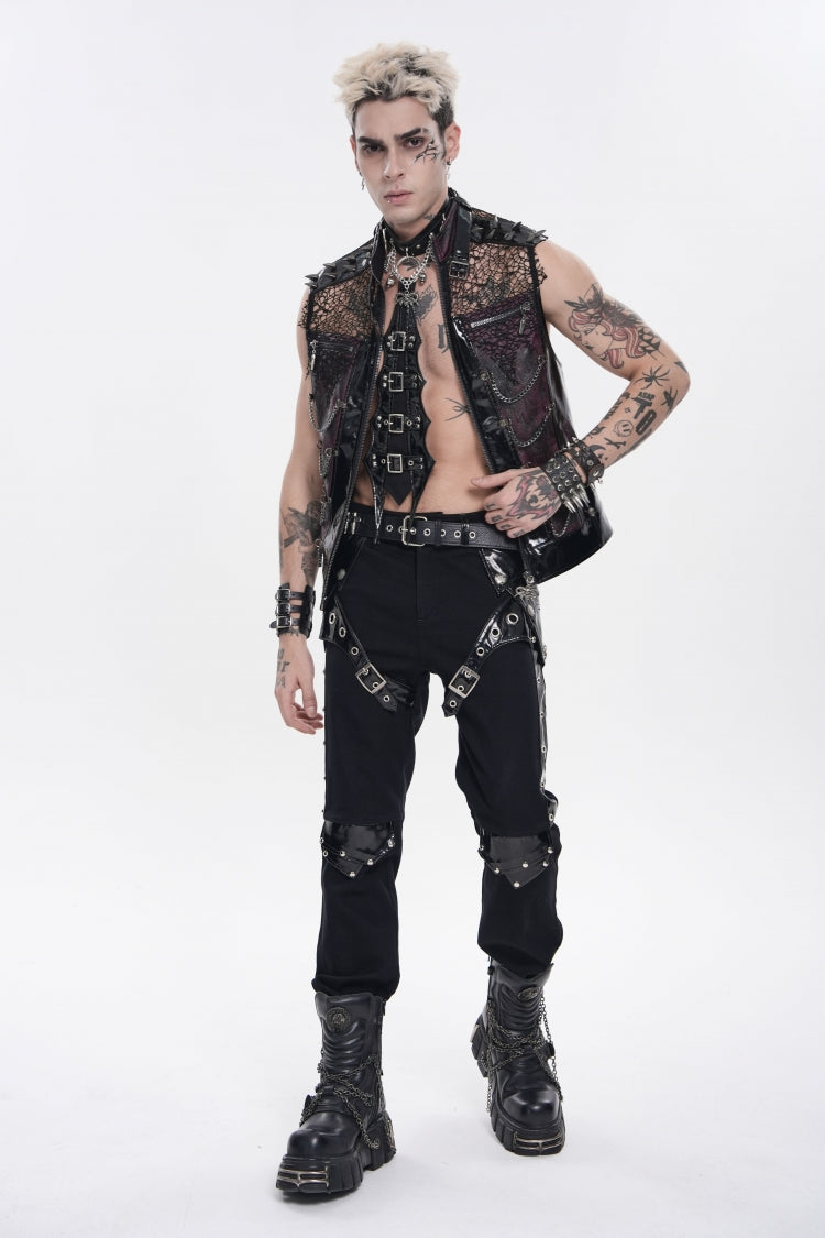 Black Stand Collar Sleeveless Spliced Mesh Studded Zippered Chain-Decorated Eyelet Men's Punk Vest - Product - 2
