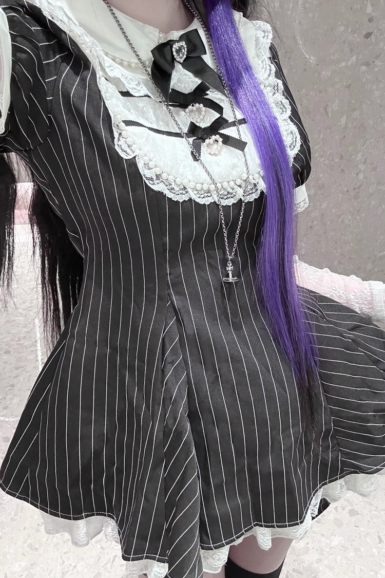 [Moonlight Whispers] Jirai Kei Rabbit Ears Doll Collar Short Sleeves Printed Ruffled Bow Lace Gothic Japanese Dress Shorts Set 2 Colors - Product - 8