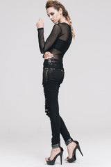 Black See-Through Sexy Hexagonal Mesh Long Sleeve Women's Punk T-Shirt - Product - 7