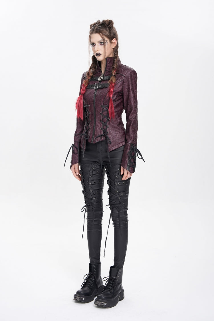 Red Pentacle Lace-Up Buckle Women's Punk Jacket - Product - 6