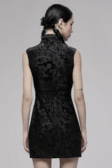 Black Chinese Style Stretch Velvet Burning Flower Dragon Totem Pattern Decoration Small Slit Hem Sleeveless Women's Gothic Dress - Product - 3