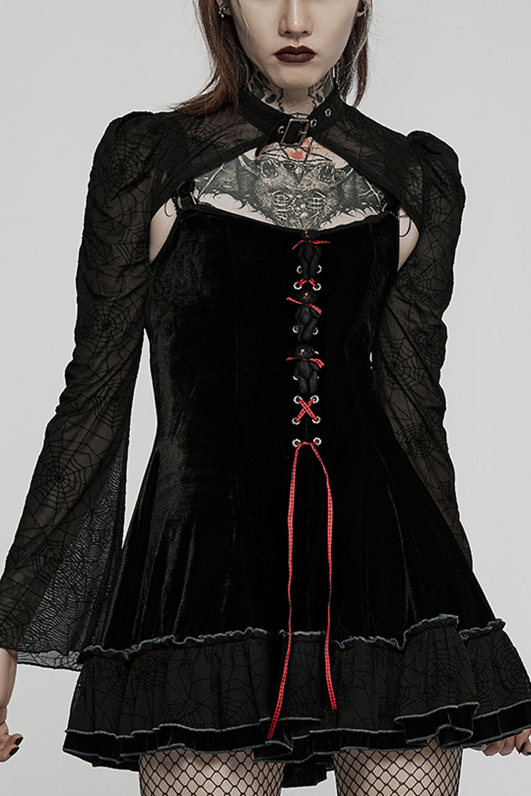 Black Long Sleeves Ruffle Stitching Lace Two Pieces Women's Gothic Dress - Black - 1