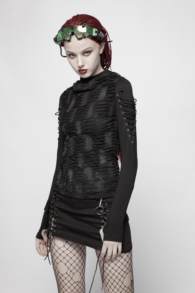Black Broken Holes Arm DrawString Long Sleeve Hooded Knit Tight  Women's Gothic T-Shirt - Product - 2