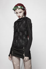Black Broken Holes Arm DrawString Long Sleeve Hooded Knit Tight  Women's Gothic T-Shirt - Product - 2