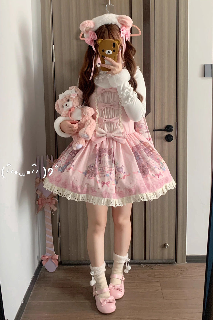 Pink [Little Bear Shop] Print Sleeveless Bowknot Lace Sweet Princess Lolita Jsk and Strap Dress - Pink - 1