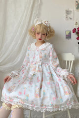 White/Apricot Long Sleeves Print Bowknot Lace Sweet Plus Size Lolita Dress - Product - 3
