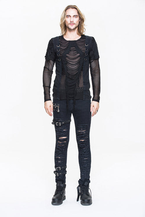 ブラック ニット ダイヤモンド メッシュ メンズ パンク T シャツ リボン付き 商品画像