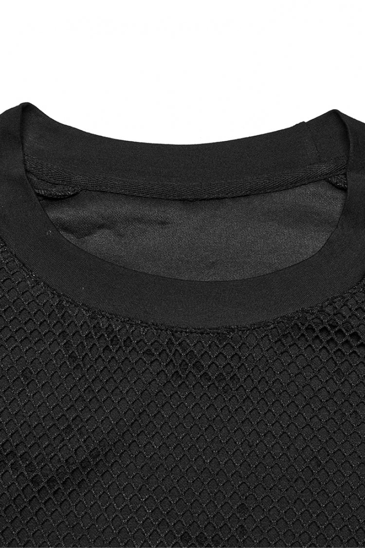 Black Round Collar Sleeveless Stitching Mesh Ripped Men's Punk Vest - Product - 5